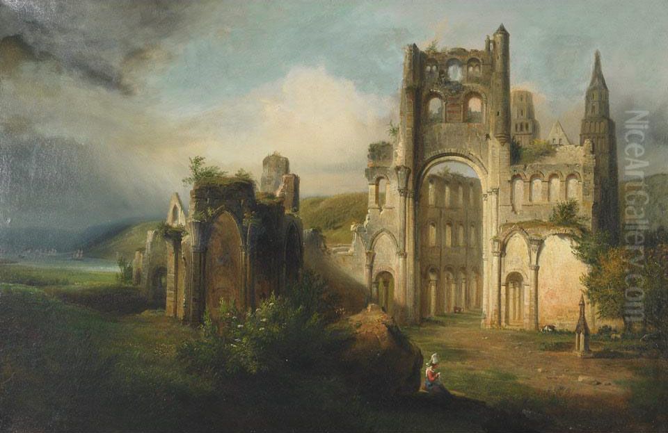 Shepherd Girl Resting While Her Flock Grazes Among Castleruins Oil Painting by Francois Edme Ricois