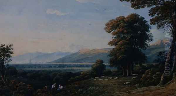Figures resting on a hillside with a church spire beyond, 1825 Oil Painting by John Varley