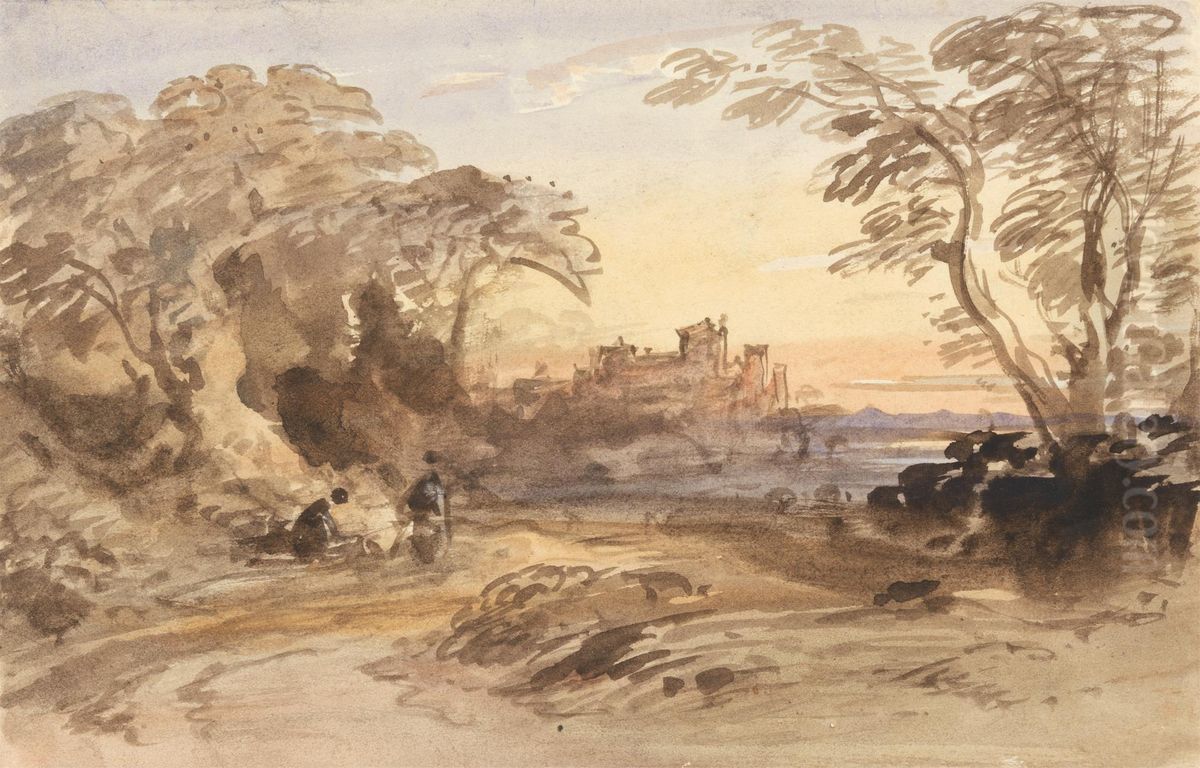 Landscape with Figures and Distant Castle Oil Painting by John Varley
