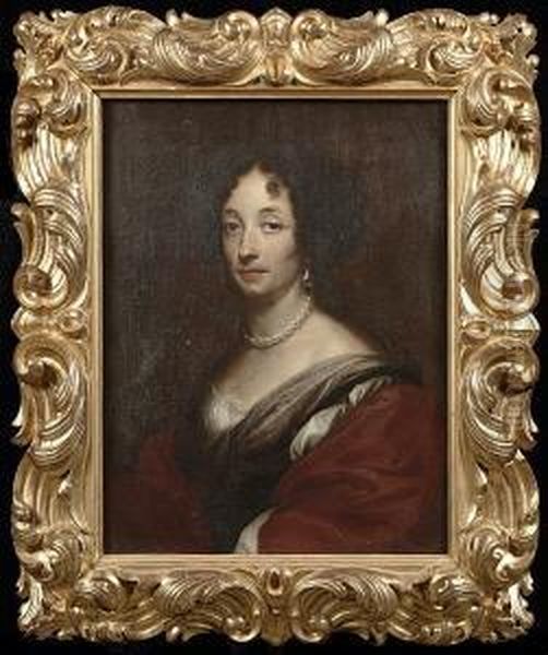 Portrait Of A Lady, Half-length,
 In A Claret And White Dress With Pearl Necklace And Earrings Oil Painting by Benedetto Gennari