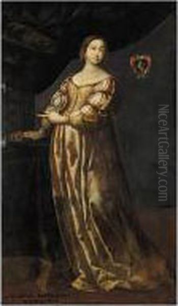 Portrait Of A Lady, Possibly 
Achileta Marliana, Full Length Standing, Wearing An Embroidered Yellow 
Dress, Pointing To Some Jewellery In An Open Drawer Of A Collector's 
Cabinet Oil Painting by Artemisia Gentileschi