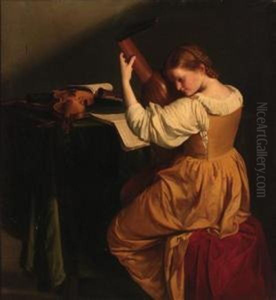 A Woman Tuning A Lute, Seated At
 A Draped Table With Openmanuscripts, A Violin And Wind Instruments Oil Painting by Orazio Gentileschi