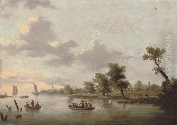 A Wooded River Landscape With 
Anglers And A Cottage Beyond; And A River Landscape With Anglers In 
Boats, A Village Beyond Oil Painting by Norbert Joseph Carl Grund