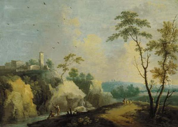 A Mountainous River Landscape 
With A Couple On A Boat And A Shepherd With His Flock, A Village Beyond Oil Painting by Norbert Joseph Carl Grund