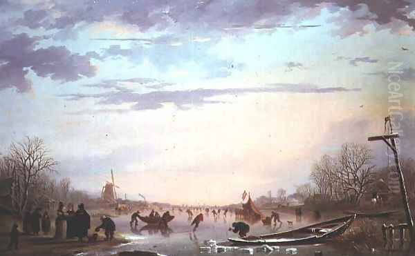 Skating scene on a frozen river Oil Painting by Andries Vermeulen
