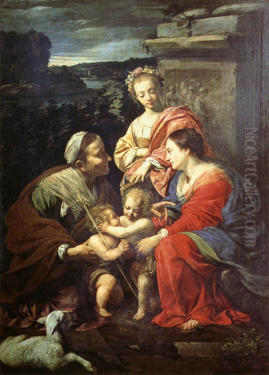 The Holy Family with Sts Elizabeth, John the Baptist and Catherine Oil Painting by Simon Vouet