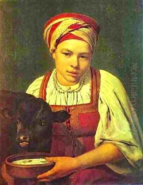 A Peasant Girl With A Calf 1820s Oil Painting by Aleksei Gavrilovich Venetsianov