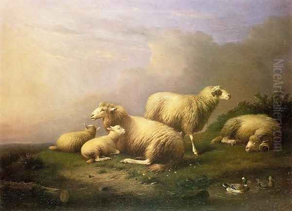 A Flock of Sheep Resting by a Pond Oil Painting by Franz van Severdonck