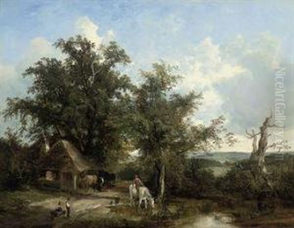 Figures Watering A Horse Beside A Country Road Oil Painting by Henry John Boddington