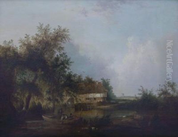 Three Men Fishing In A Boat On A
 Pond, Two Sheep Inforeground, A Woman On Jetty Before A Thatched 
Cottage Inbackground, A Windmill In The Distance Oil Painting by Henry John Boddington