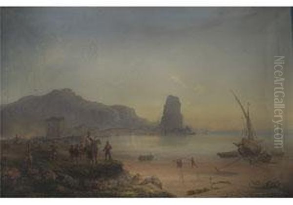 Mittelmeerlandschaft Mit 
Historischer Szenerie Der Italienischen Befreiungskriege Unter Garibaldi Oil Painting by Carlo Bossoli