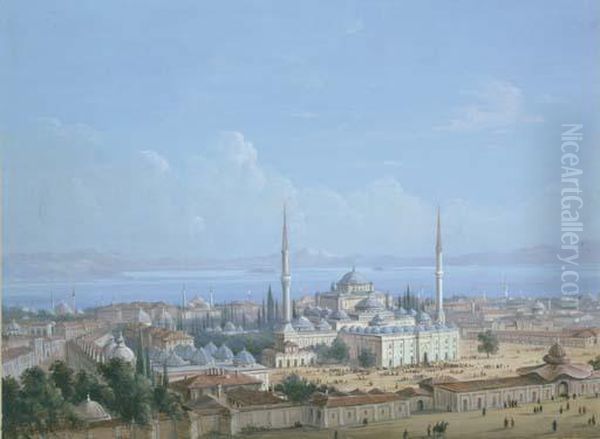 The Sultan Beyazit Ii Mosque 
Complex With A View Of The Golden Horn Beyond, Constantinople Oil Painting by Carlo Bossoli