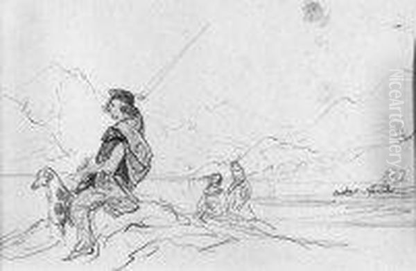 Turisti E Pastore Scozzese Con 
Il Suo Cane Ammirano, Da Una Piccola Altura, Il Favoloso Paesaggio Lungo
 Il Lago Lomond 1850 Oil Painting by Carlo Bossoli