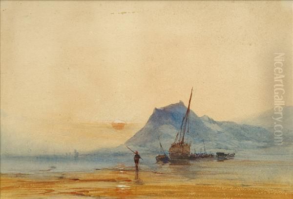 Coastal Scene At Duskwith Beached Fishing Boats Oil Painting by John Callow