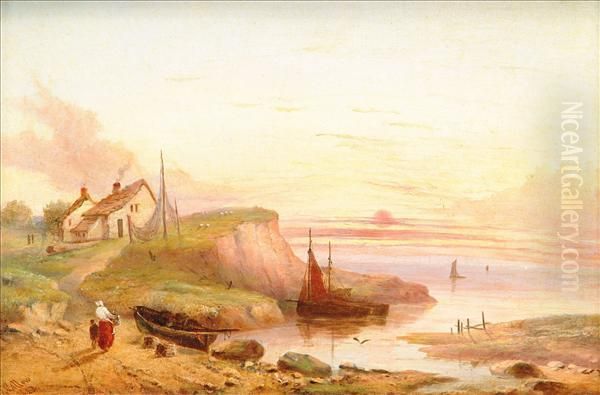 Landscape Withfigure Resting 
Beneath A Tree; A Fishing Village, Figures And Boatsat Low Tide A Pair Oil Painting by John Callow