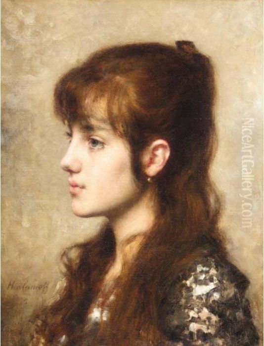 A Young Girl Oil Painting by Alexei Alexeivich Harlamoff