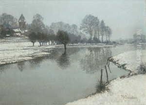 Winter Am Niederrhein. Signiert 
Unten Rechts: M. Clarenbach. Ol Auf Leinwand. H 50; B 70 Cm. Oil Painting by Maximilian Clarenbach