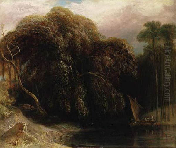 V Wooded River Landscape With A 
Tiger Stalking A Fishing Boat Inthe Sunderbans, East Bengal Oil Painting by William Daniell RA
