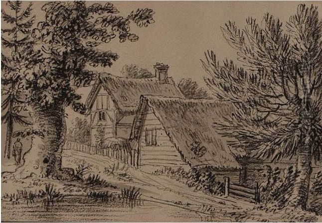 Thatched Cottages; Figures By A 
Waterfall; A Church Spire Over Rooftops Of A Town; Alpine View Oil Painting by Anthony Devis