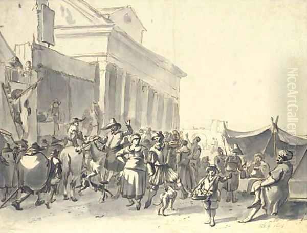 A crowd watching actors in an outdoor theater, with a couple dancing, a classical portico beyond Oil Painting by Hendrick Verschuring