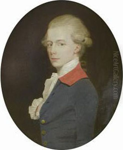Portrait Of A Gentleman, 
Half-length, In A Blue Coat With Red Collar And A White Lace Jabot Oil Painting by John Downman