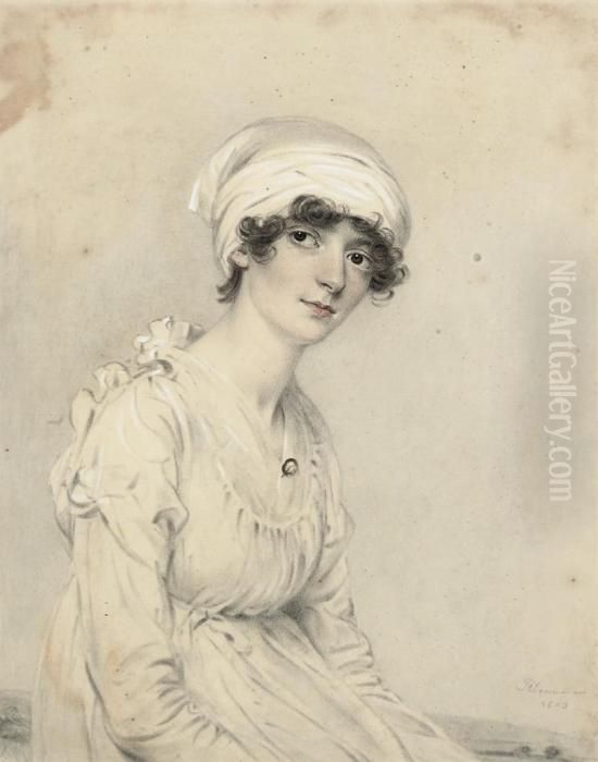 Portrait Of A Woman, Seated, Half-length, In A White Dress Andcap Oil Painting by John Downman