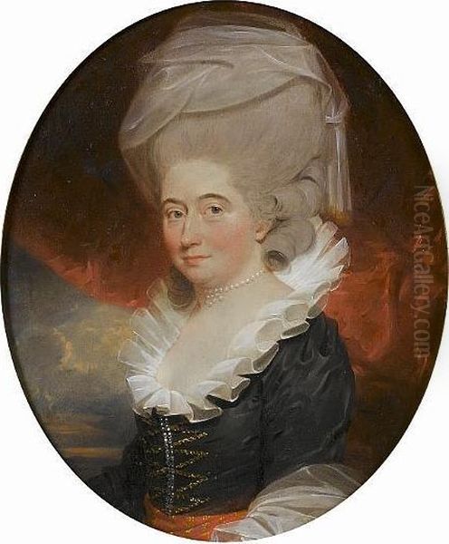 Portrait Of A Lady, Bust-length,
 In A Black Dress With A Red And Gold Sash And White Collar, Seated 
Before A Red Curtain, A View To A Landscape Beyond Oil Painting by John Downman