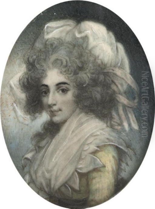 Sarah Siddons (nee Kemble), In 
Yellow Dress And White Fichu, Wearing A Large Headress With Pink Ribbons
 On Her Powdered Hair Oil Painting by John Downman