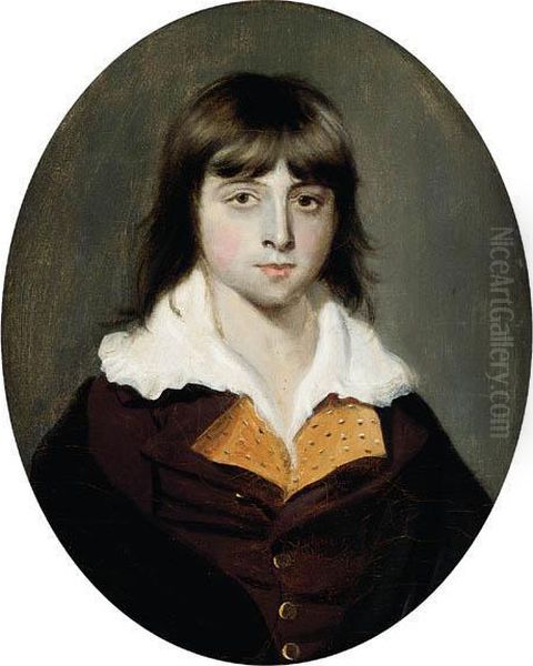 Portrait Of Master John Hyde, 
Small Half-length, In A Brown Coat,white Collar And A Cloak Oil Painting by John Downman