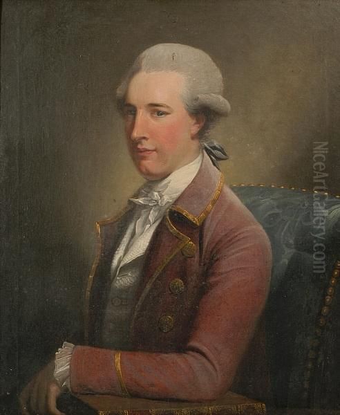 A Portrait Of Thomas Mills Of 
Saxham Hall, Suffolk, Seated Half Length With Powdered Hair And Red Coat
 With Gold Braiding, His Left Arm Leaning On A Book Oil Painting by John Downman