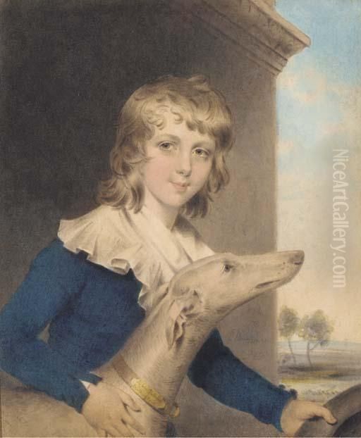 Portrait Of Master Twisden, 
Three-quarter-length, In A Blue Coat,with A White Collar, Beside A 
Whippet, Holding A Hat, A Landscapebeyond Oil Painting by John Downman