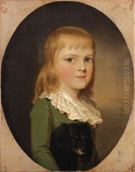 Portrait Of Frederick William 
Hallet Hodges, Half-length, In Agreen Coat, With A Black Spaniel, 
Feigned Oval Oil Painting by John Downman
