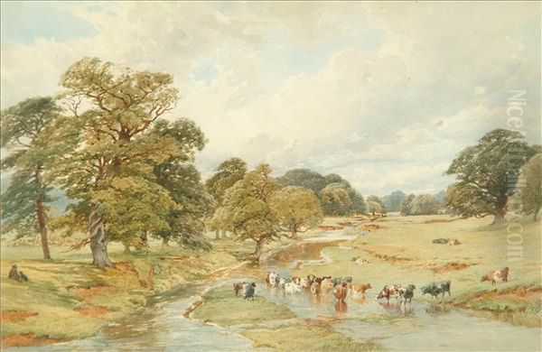 A River Landscapewith Cattle Watering Oil Painting by Edward Duncan