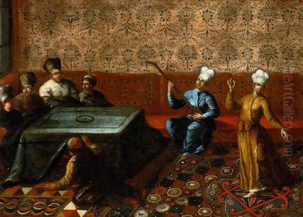 Figures Gathered Round a Kursi with a Musician and a Dancer Performing before Them Oil Painting by Jean Baptiste Vanmour