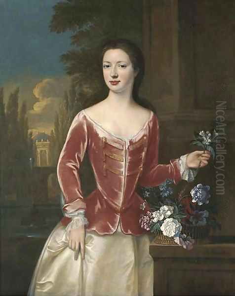 Portrait of a lady, three-quarter-length, in a pink bodice and oyster satin skirt, holding a sprig of orange blossom in her left hand Oil Painting by Johannes or Jan Verelst