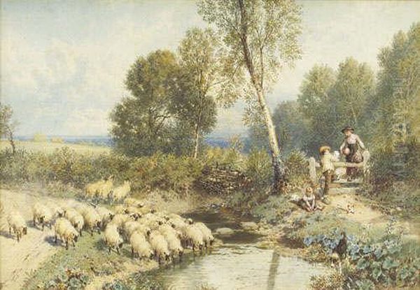 R.w.s. Summer Landscape With 
Children Beside A Wooden Stile, A Dog And Sheep Watering Beside A 
Stream, An Extensive Landscape Beyond Signed With The Artist's Monogram,
 Also Inscribed With The Artist's Name On The Original Frame, Together 
With Biog Oil Painting by Myles Birket Foster