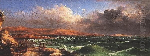 Fishermen On The Seafront 
Watching A Storm Approaching The Maltese Coast, Signed, Oil On Board Oil Painting by Luigi Maria Galea