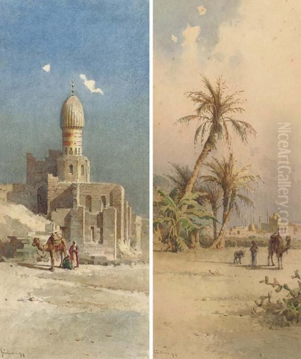 Mosques And Minarets In A Desert
 Town; And An Arab And Camel Beforea Mosque (both Illustrated) Oil Painting by Angelos Giallina