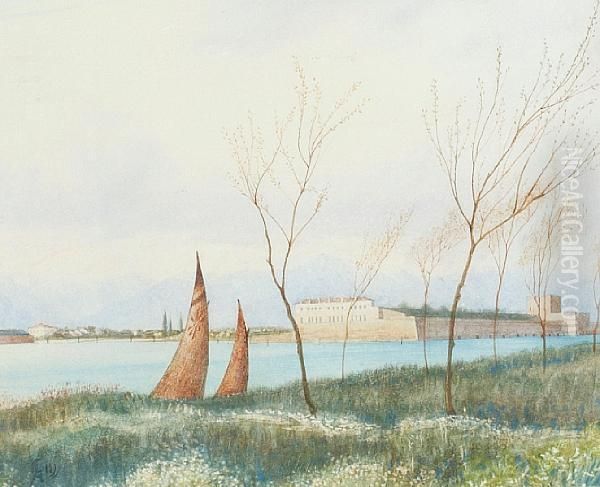 Lake Landscape With Imposing 
Buildings On The Banks, And Cypress Trees And Mountains Beyond Oil Painting by Harry Goodwin