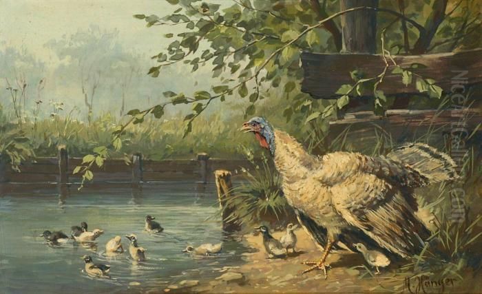 Truthahn Und Kuken Am Wasser Oil Painting by Max I Hanger