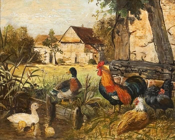 Federvieh An Einemtumpel Oil Painting by Max I Hanger