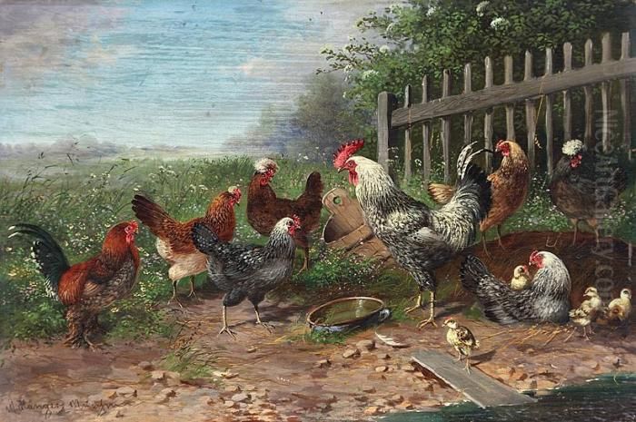 Der Herr Auf Dem Hof. Hamburger Silberlackhahn Zwischen Junger Italiener Oil Painting by Max I Hanger