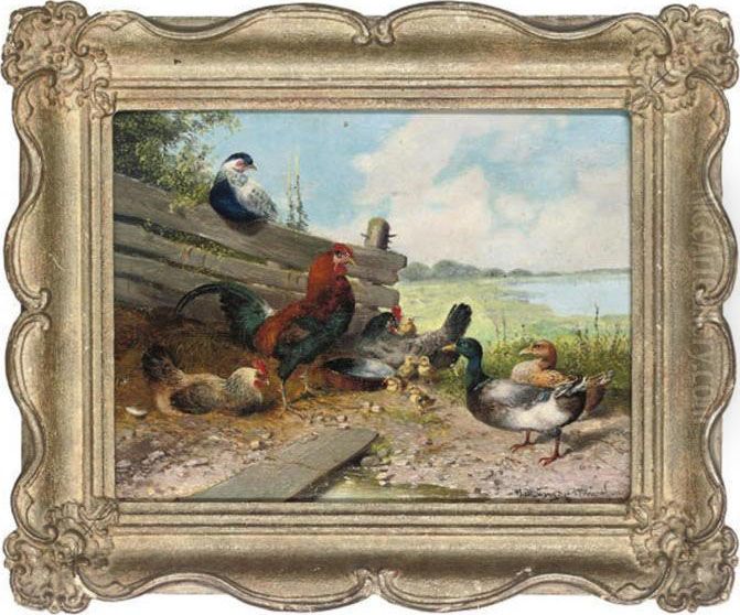 Cocks And Chicks Oil Painting by Max I Hanger