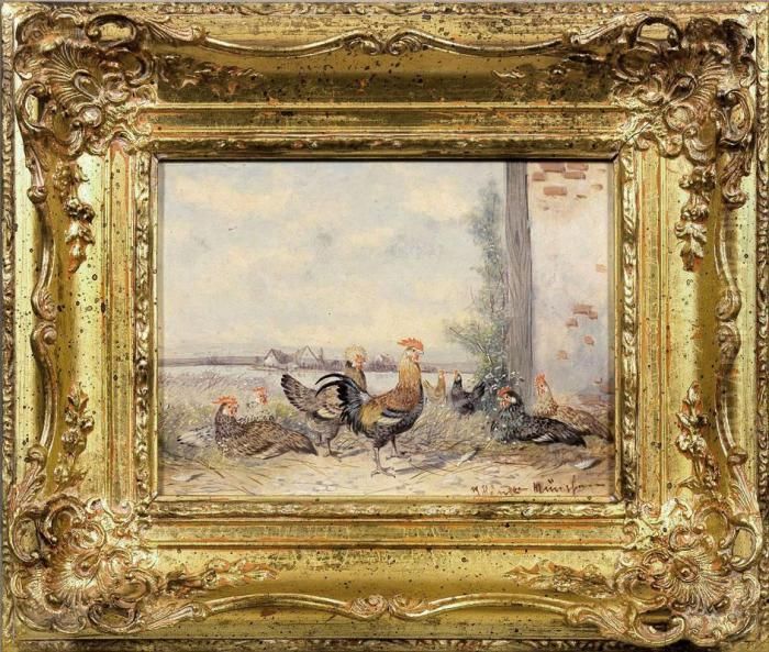 Morgenstimmung Amhuhnerhof Mit Hahnen Und Hennen Oil Painting by Max I Hanger