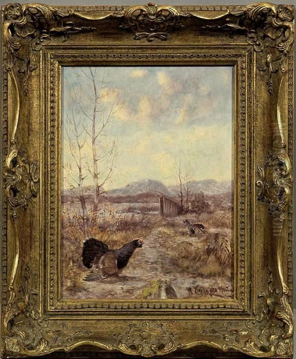 Balzende Auerhahne Inherbstlicher Alpenlandschaft Oil Painting by Max I Hanger