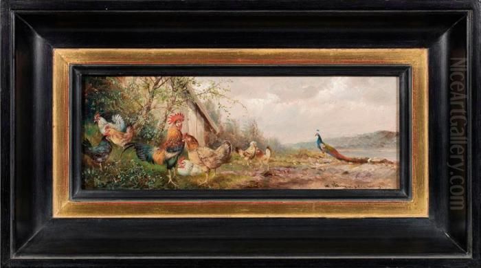 Huhnergruppe Mit Stolzemhahn Und Pfau Oil Painting by Max I Hanger