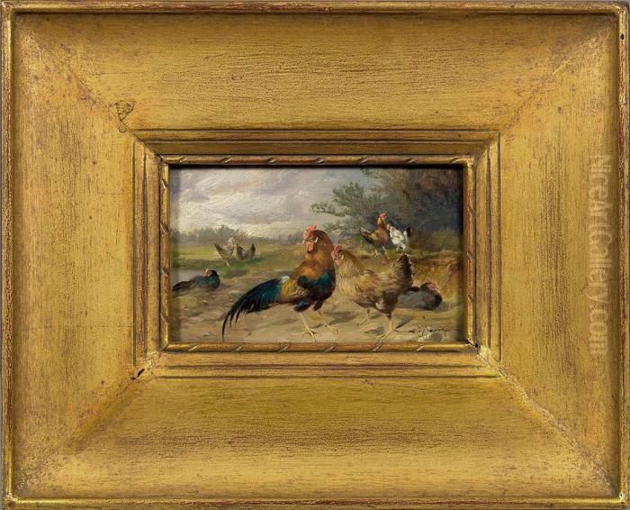 Hahn Mit Hennen Aufeiner Wiese Oil Painting by Max I Hanger