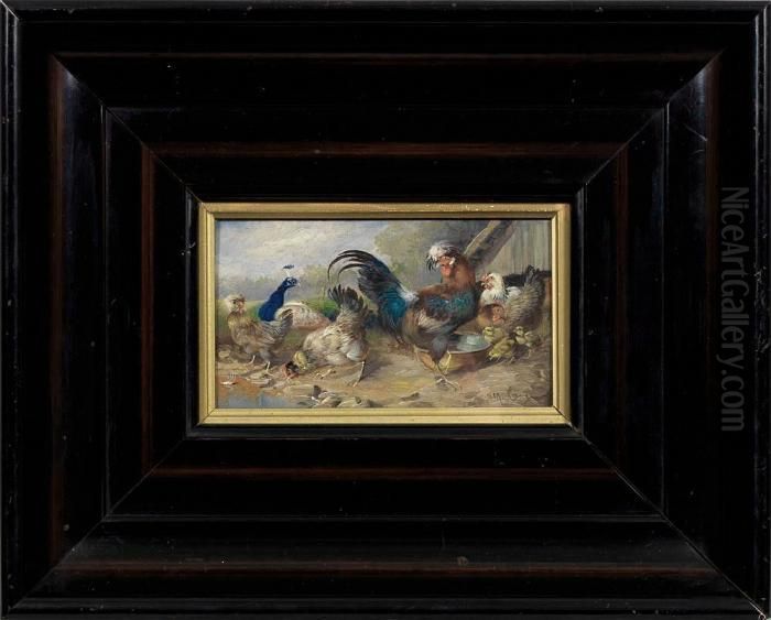 Geflugelhof Mithollander Weishauben-huhnern Und Pfauhahn Oil Painting by Max I Hanger