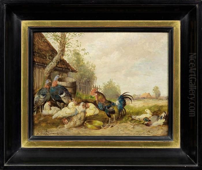 Vogelgruppe Mit Huhnern,truthennen Und Enten An Einem Gehoft Oil Painting by Max I Hanger