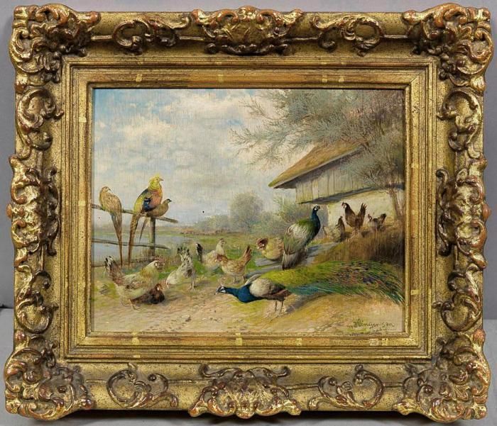 Huhnerschar Mitgoldfasanen Und Pfauhahn An Einem Gehoft Oil Painting by Max I Hanger